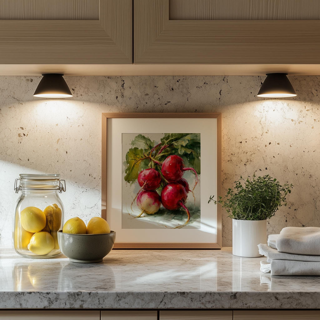 Red Radishes kitchen art print shown in a room setting
