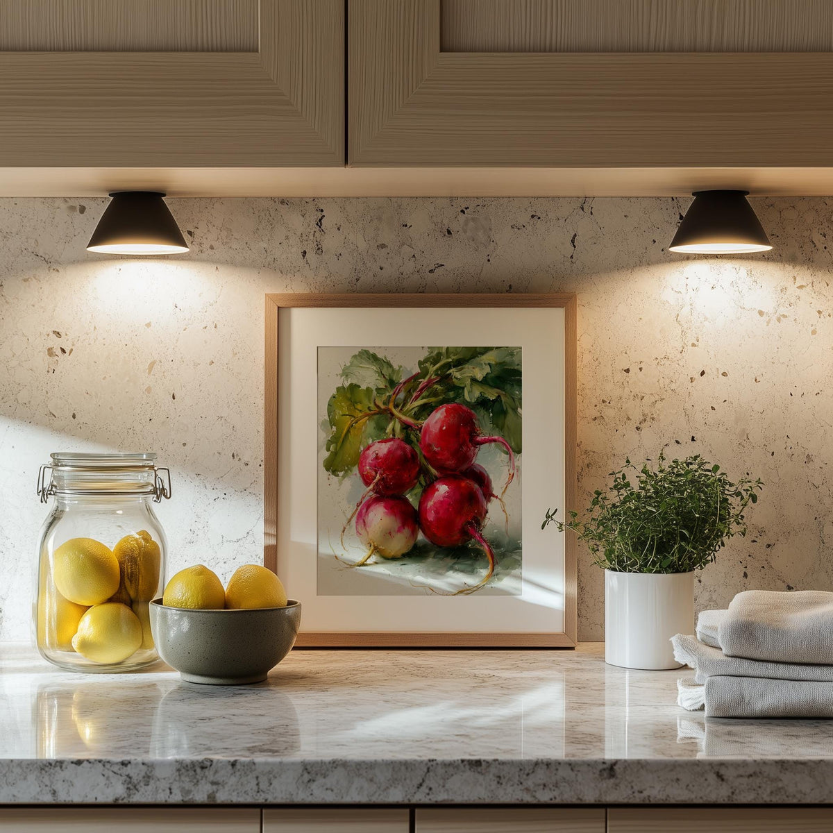 Red Radishes kitchen art print shown in a room setting