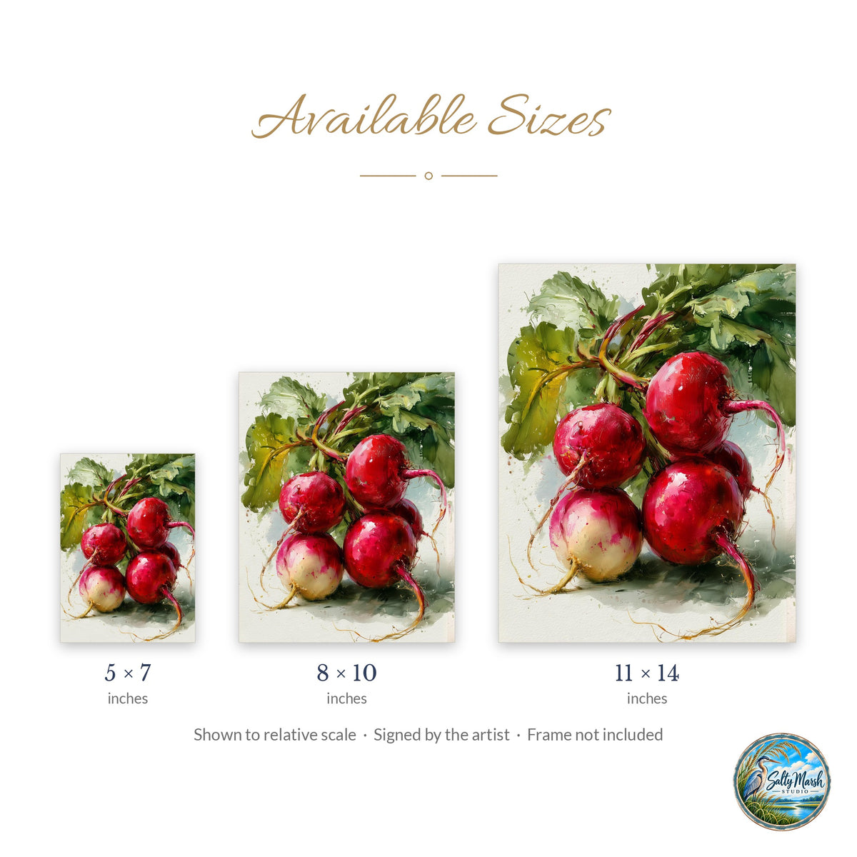 Red Radishes art print size guide: 5x7, 8x10 and 11x14