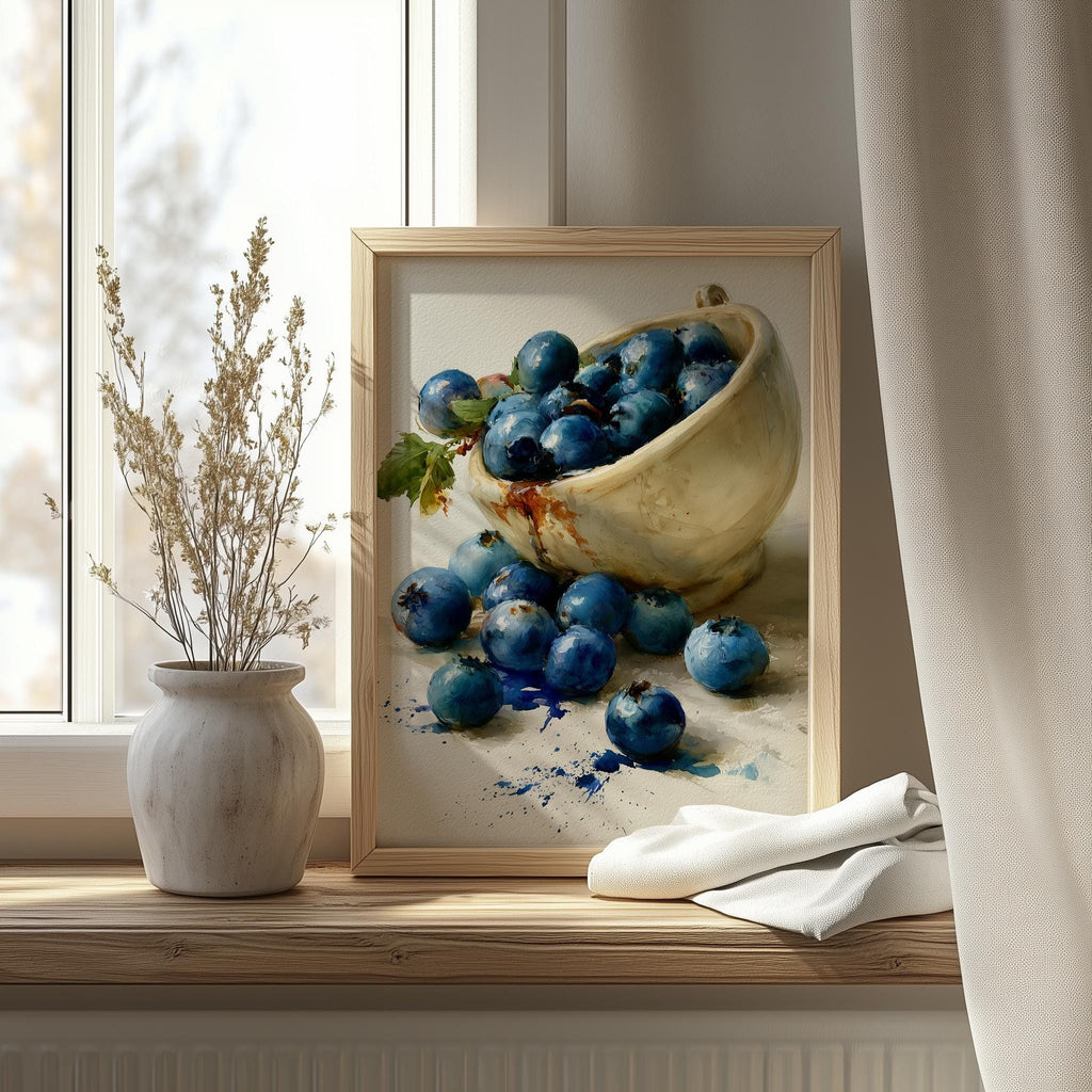Blueberry Bowl kitchen art print shown in a room setting
