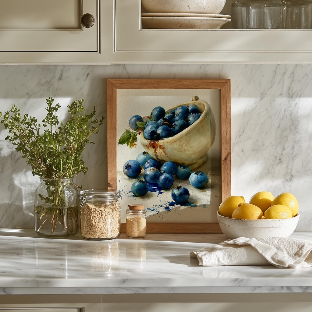 Blueberry Bowl kitchen art print shown in a room setting