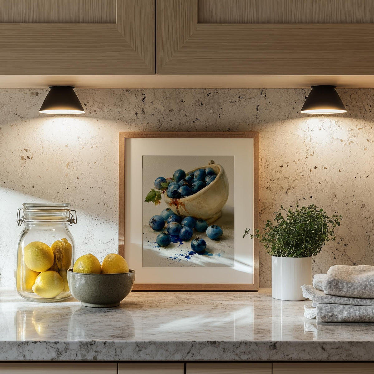 Blueberry Bowl kitchen art print shown in a room setting
