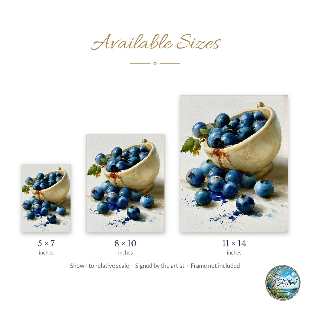 Blueberry Bowl art print size guide: 5x7, 8x10 and 11x14
