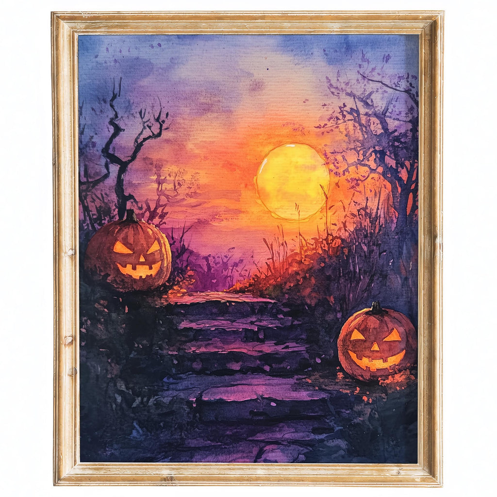 Moonlit Steps Pumpkins Halloween art print framed