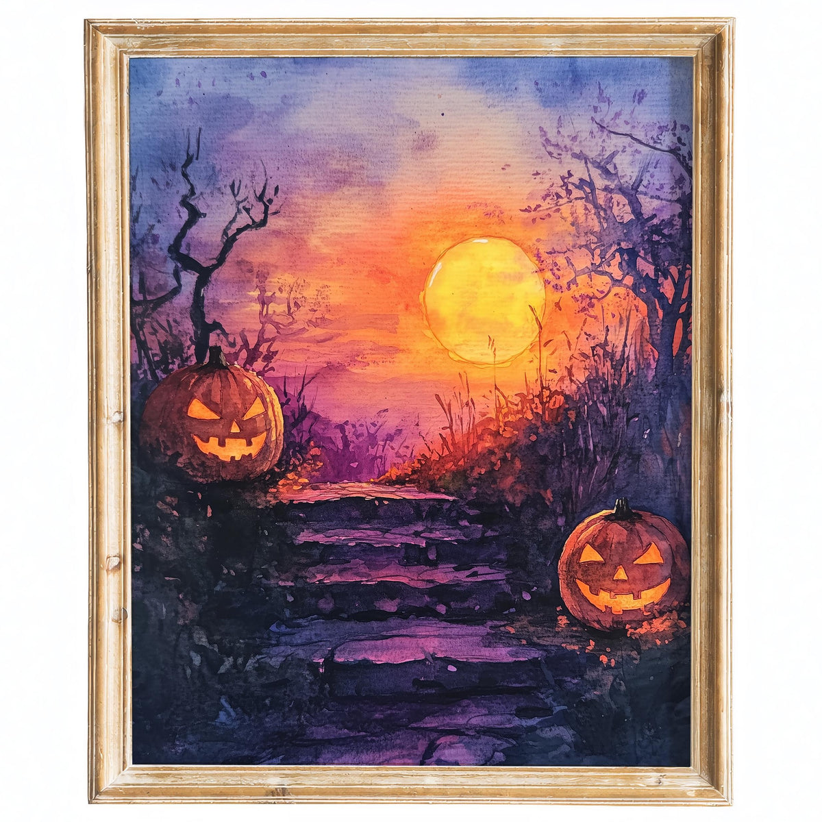Moonlit Steps Pumpkins Halloween art print framed