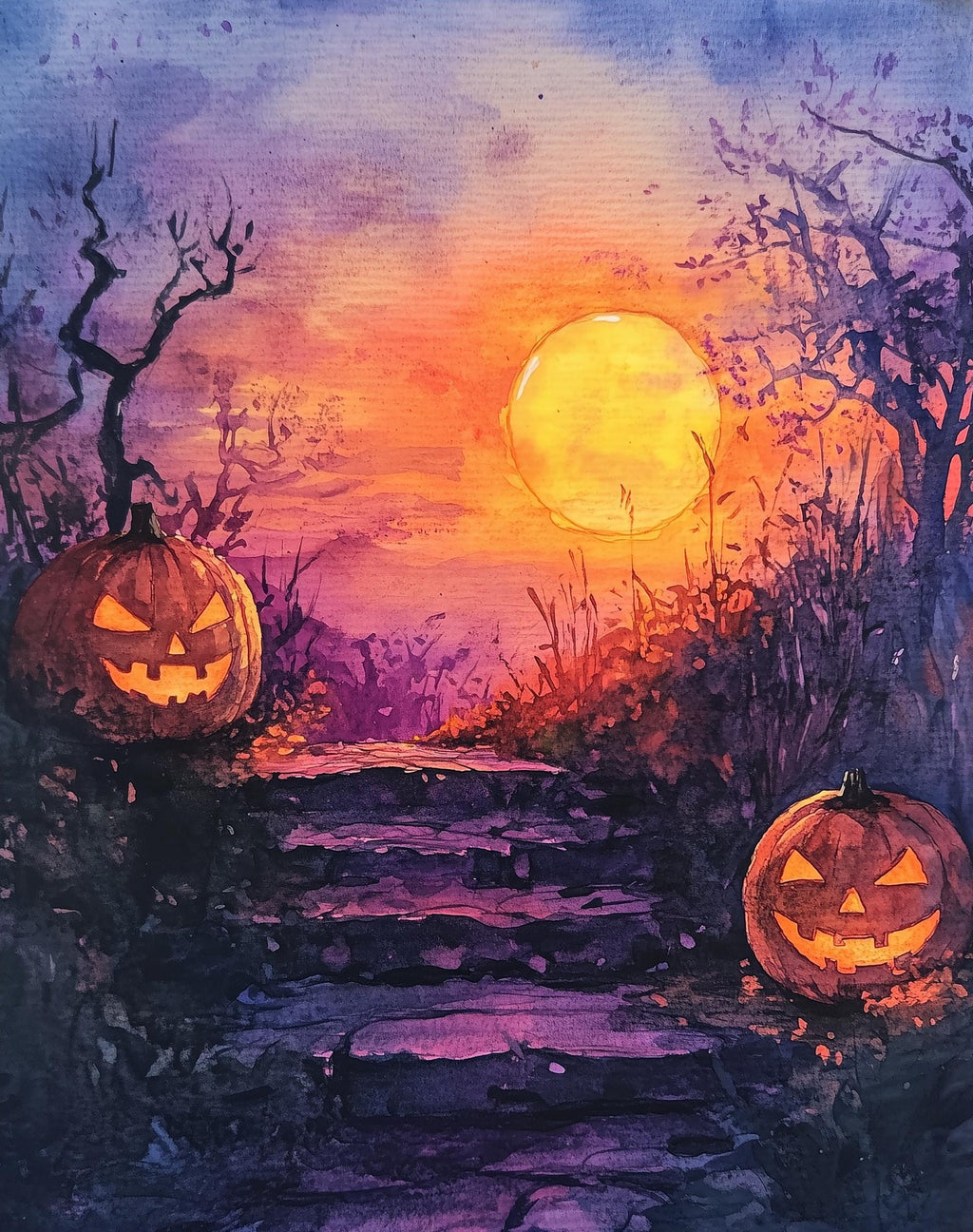 Moonlit Steps Pumpkins Halloween art print unframed, signed by Pattie Overcash