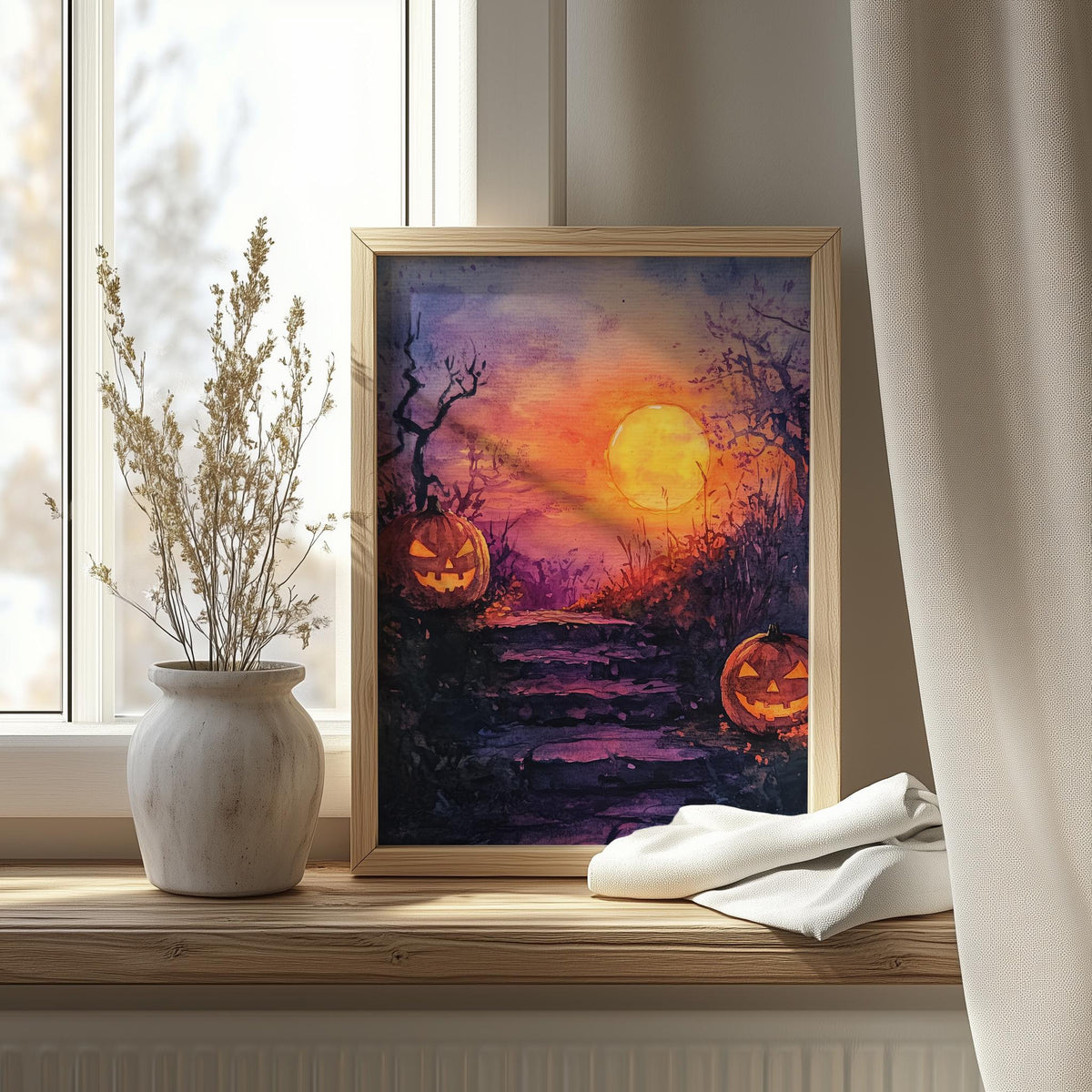 Moonlit Steps Pumpkins Halloween art print shown in a room setting