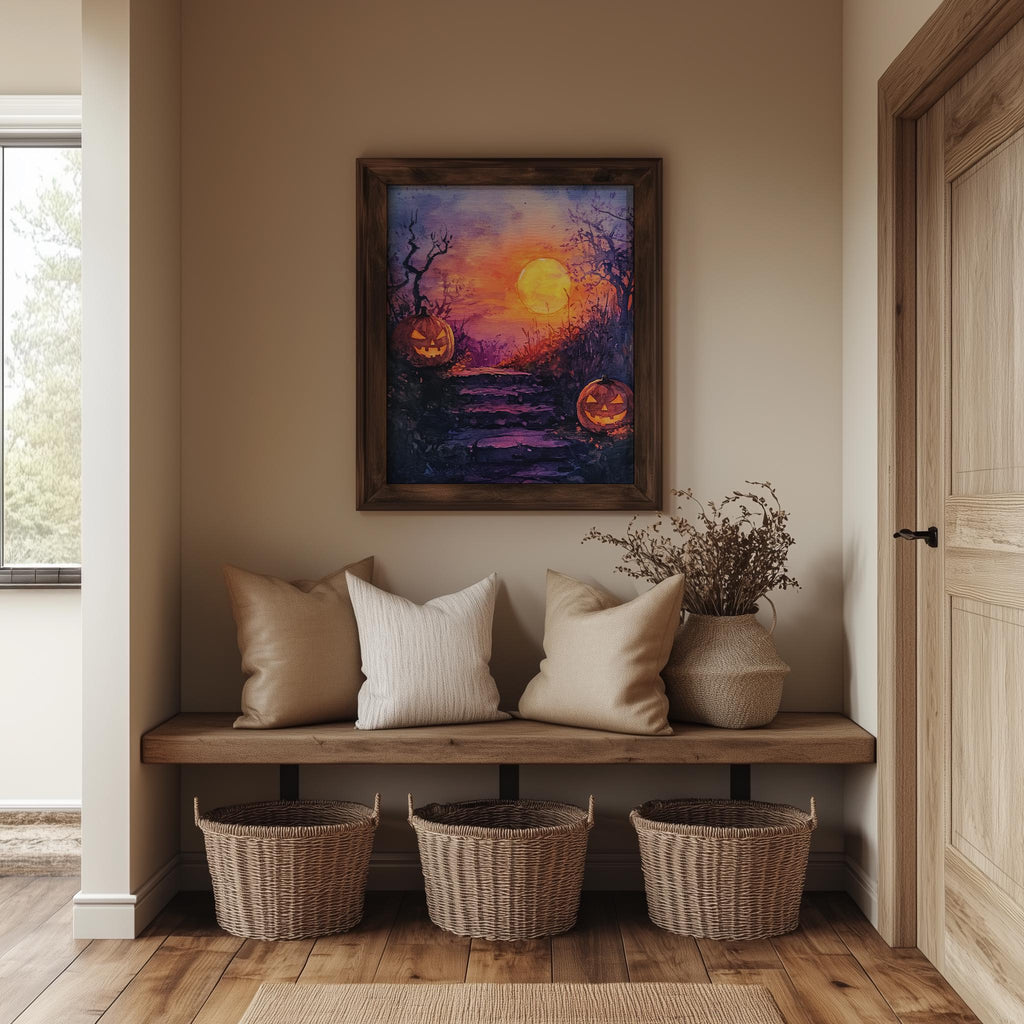 Moonlit Steps Pumpkins Halloween art print shown in a room setting