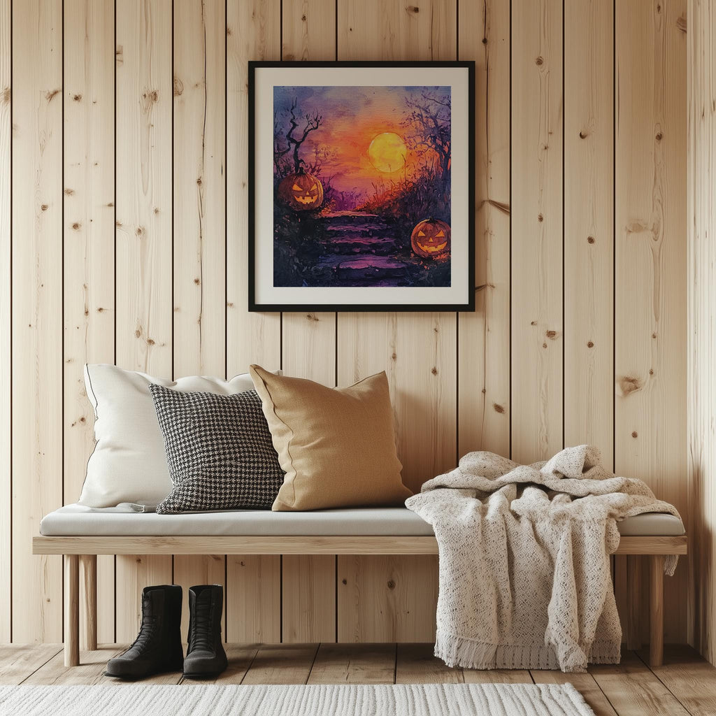 Moonlit Steps Pumpkins Halloween art print shown in a room setting