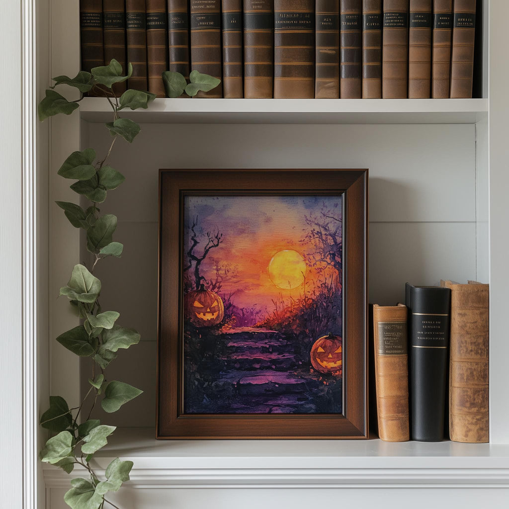 Moonlit Steps Pumpkins Halloween art print shown in a room setting