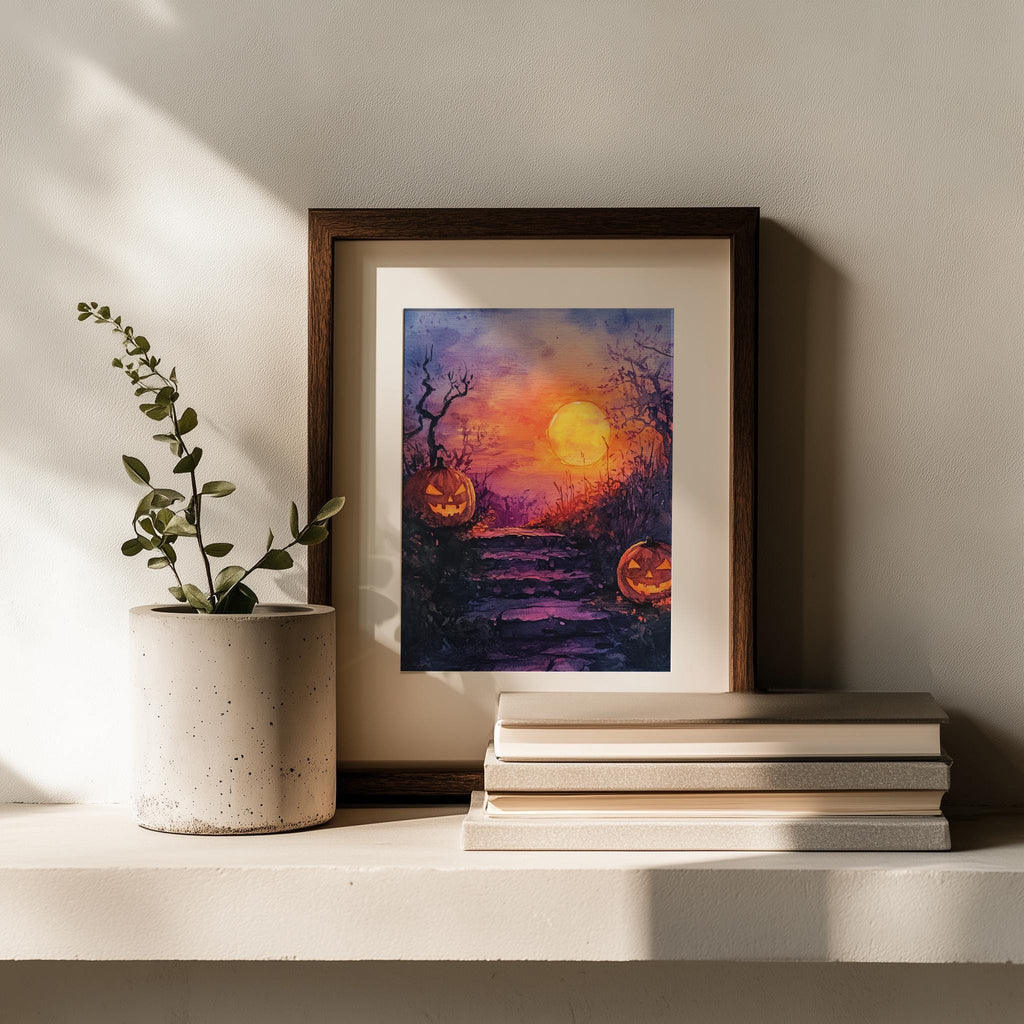 Moonlit Steps Pumpkins Halloween art print shown in a room setting