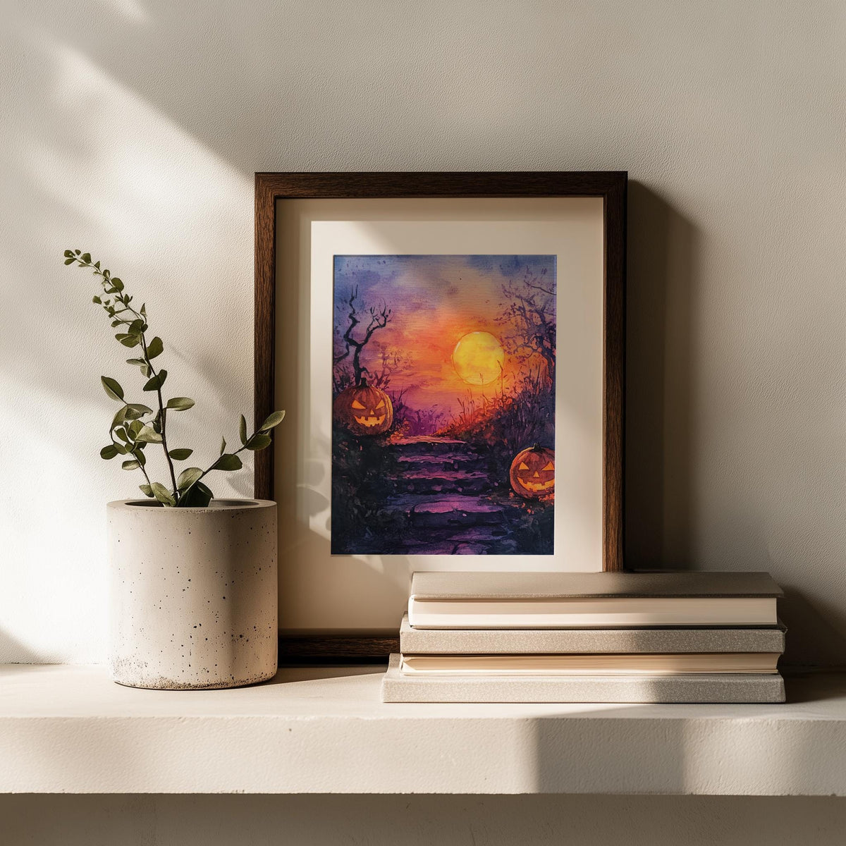 Moonlit Steps Pumpkins Halloween art print shown in a room setting