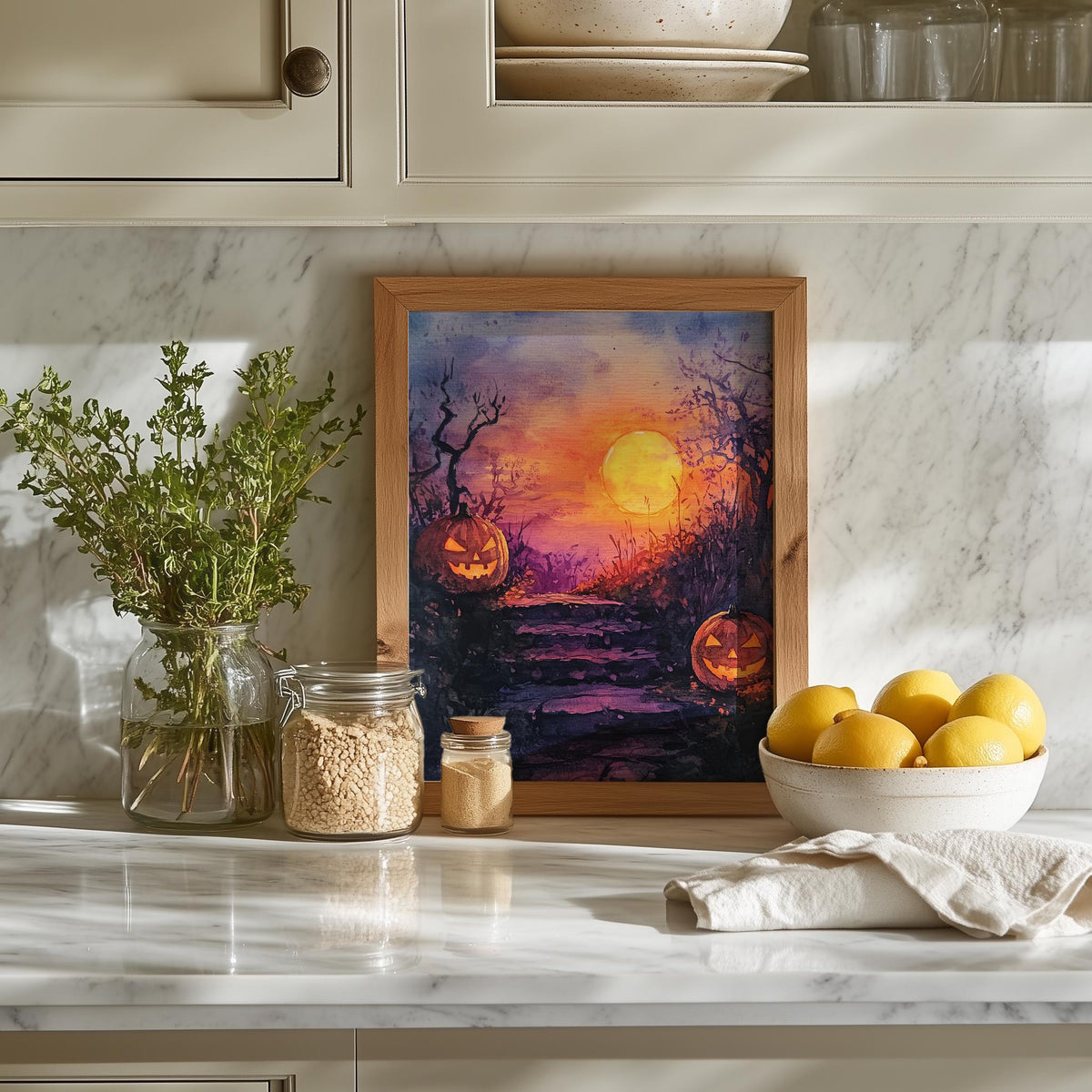 Moonlit Steps Pumpkins Halloween art print shown in a room setting