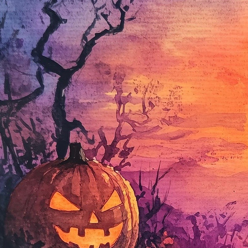 Moonlit Steps Pumpkins Halloween art print close-up detail