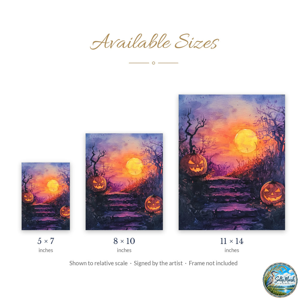 Moonlit Steps Pumpkins art print size guide: 5x7, 8x10 and 11x14