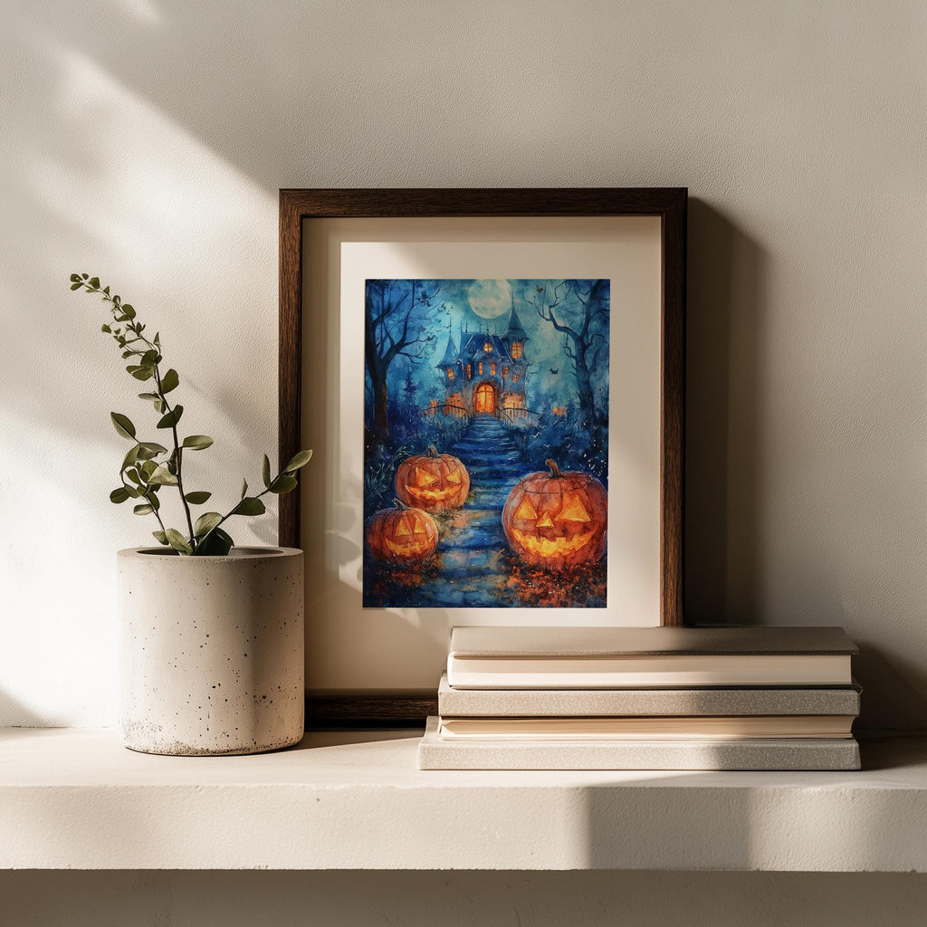 Haunted House Path Halloween art print shown in a room setting