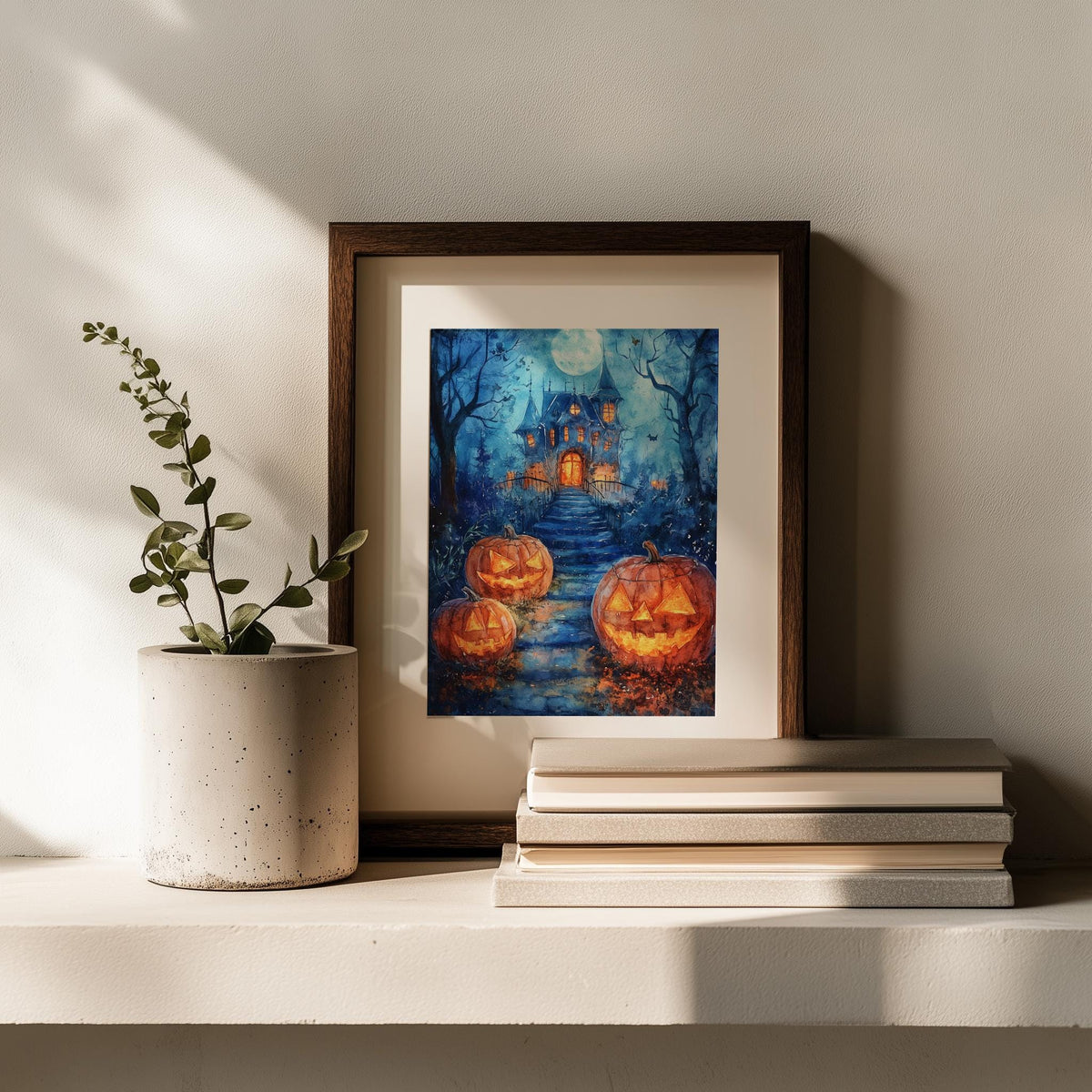 Haunted House Path Halloween art print shown in a room setting