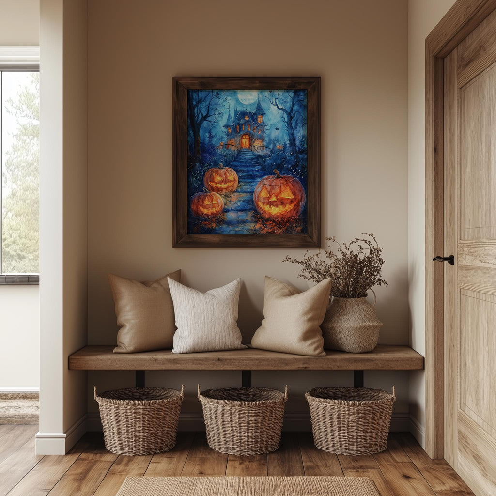 Haunted House Path Halloween art print shown in a room setting