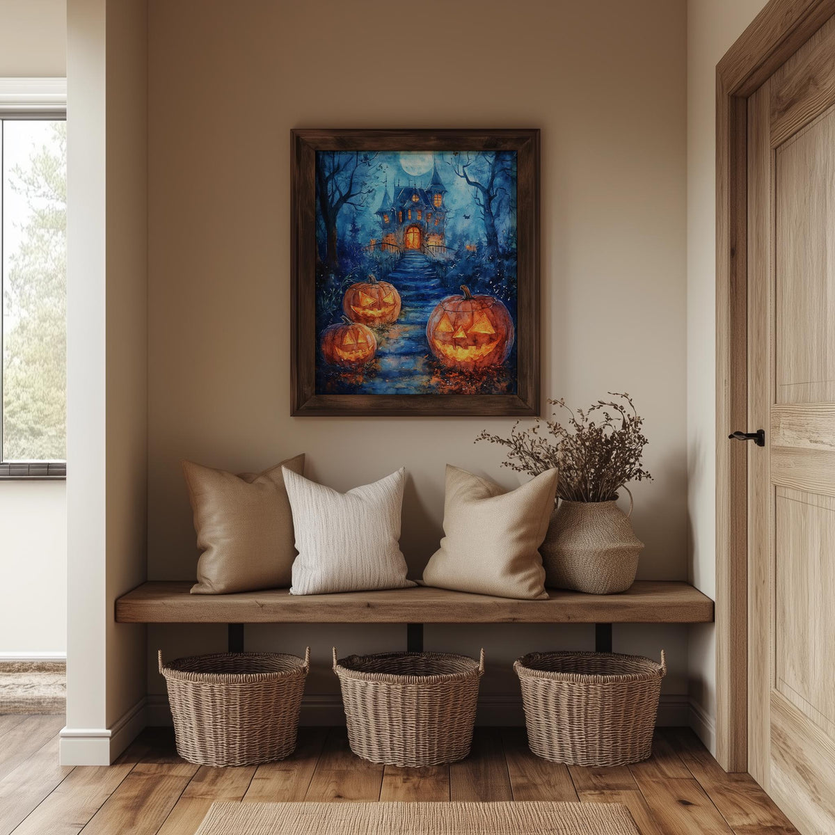 Haunted House Path Halloween art print shown in a room setting