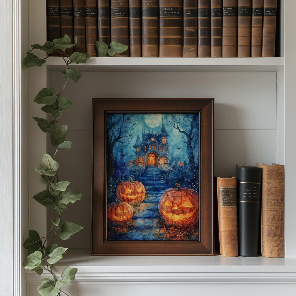 Haunted House Path Halloween art print shown in a room setting
