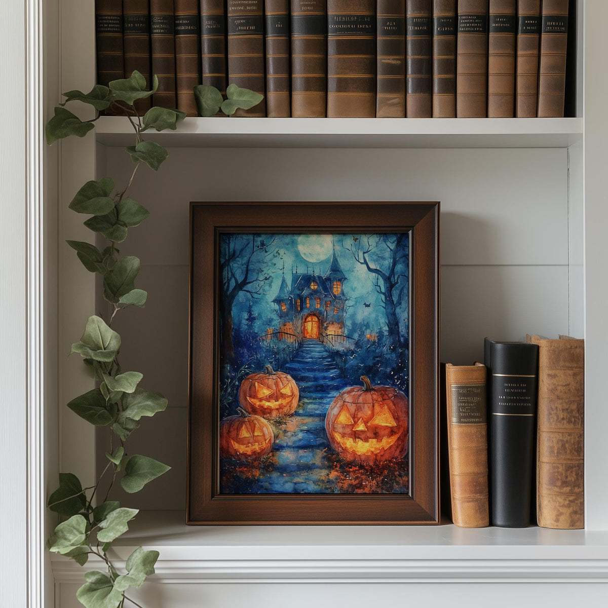 Haunted House Path Halloween art print shown in a room setting