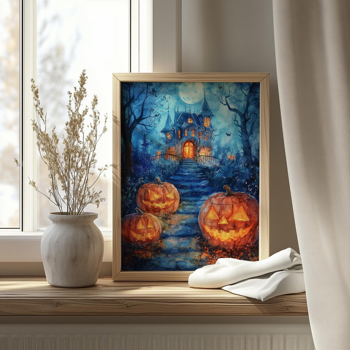 Haunted House Path Halloween art print shown in a room setting