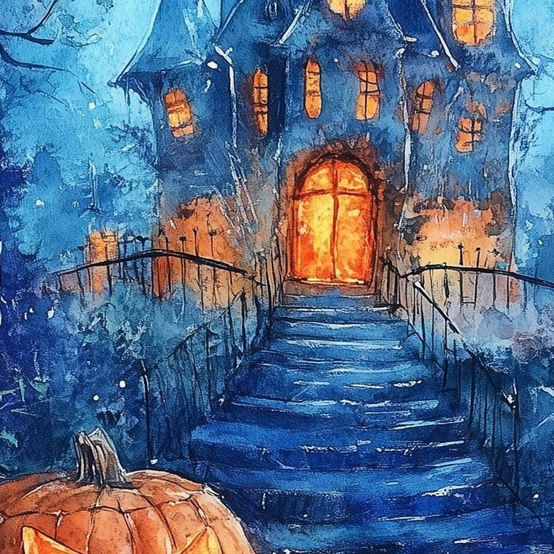 Haunted House Path Halloween art print close-up detail