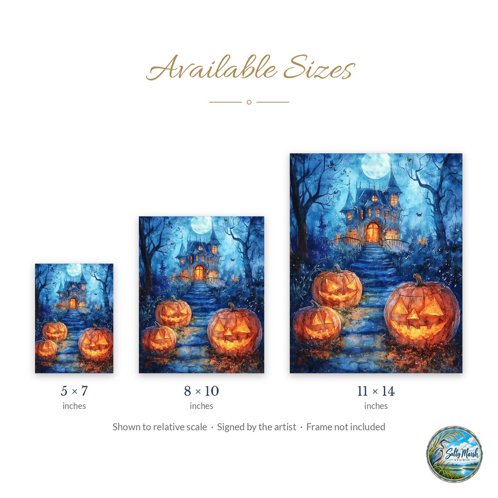 Haunted House Path art print size guide: 5x7, 8x10 and 11x14