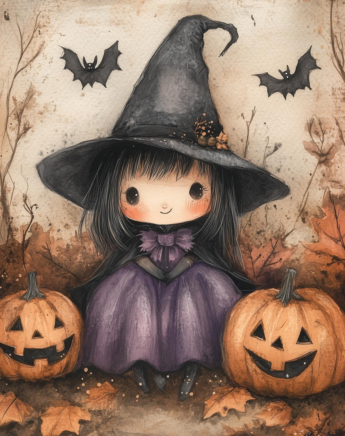 Little Witch Pumpkins Halloween art print unframed, signed by Pattie Overcash