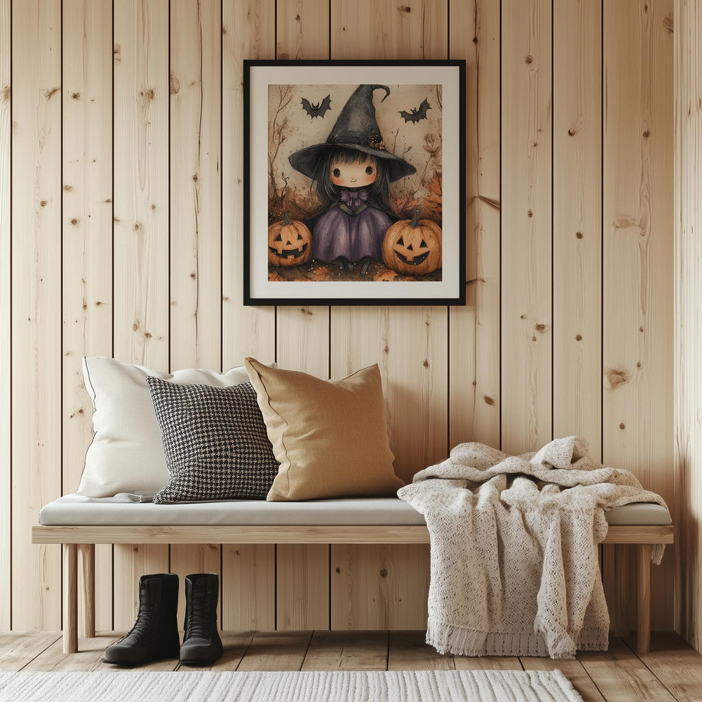 Little Witch Pumpkins Halloween art print shown in a room setting