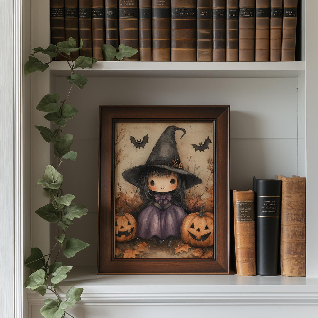 Little Witch Pumpkins Halloween art print shown in a room setting
