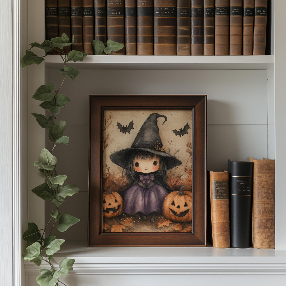 Little Witch Pumpkins Halloween art print shown in a room setting