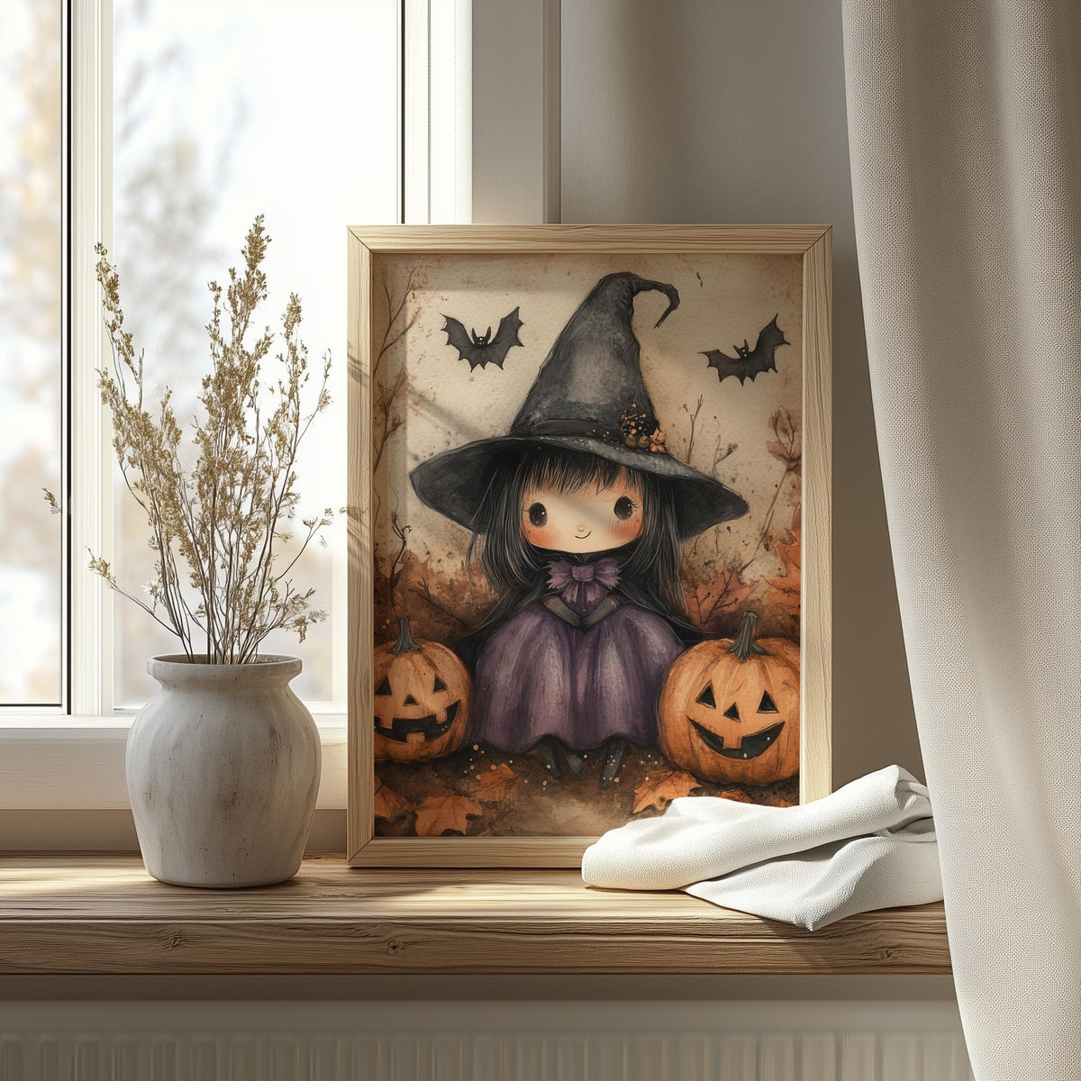 Little Witch Pumpkins Halloween art print shown in a room setting