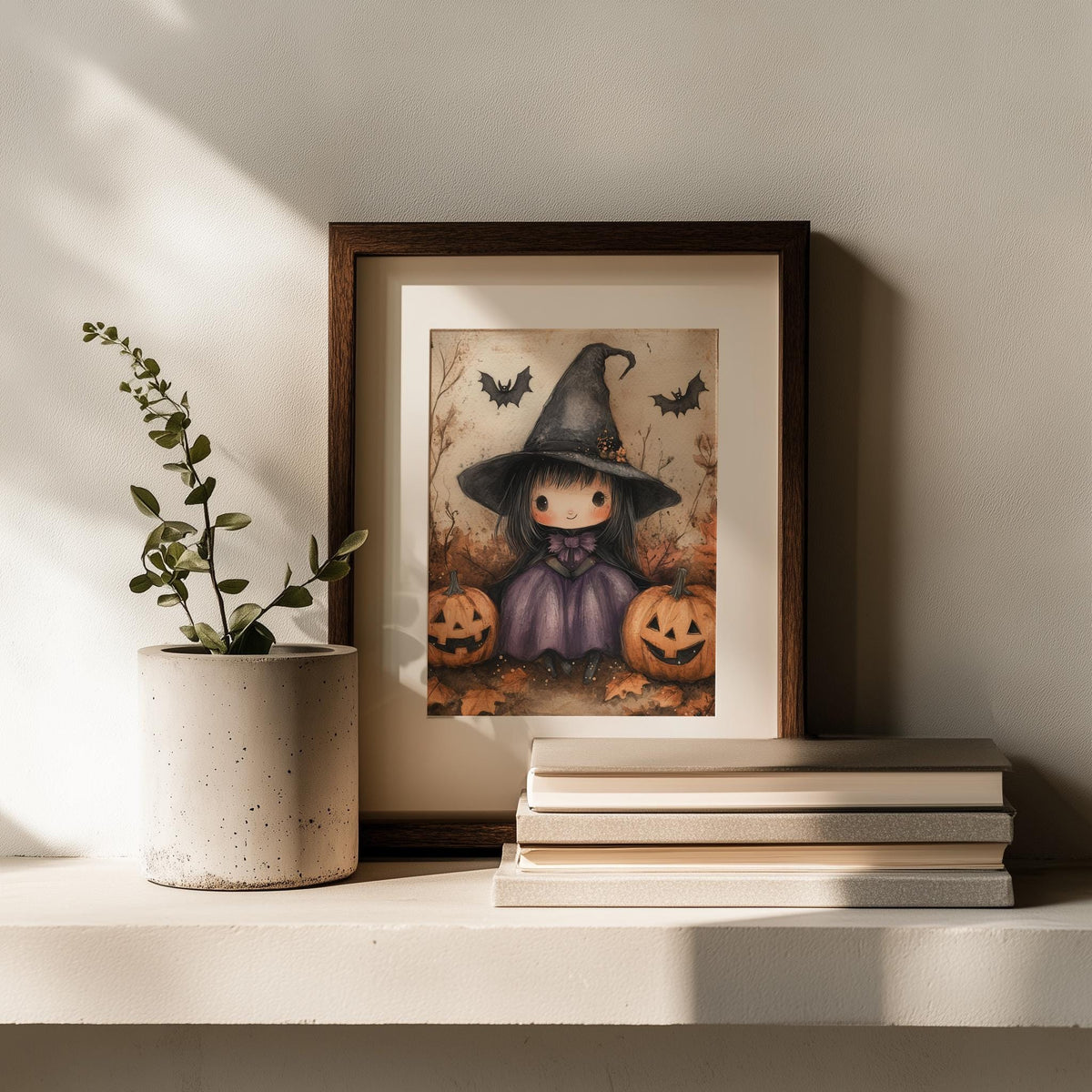 Little Witch Pumpkins Halloween art print shown in a room setting