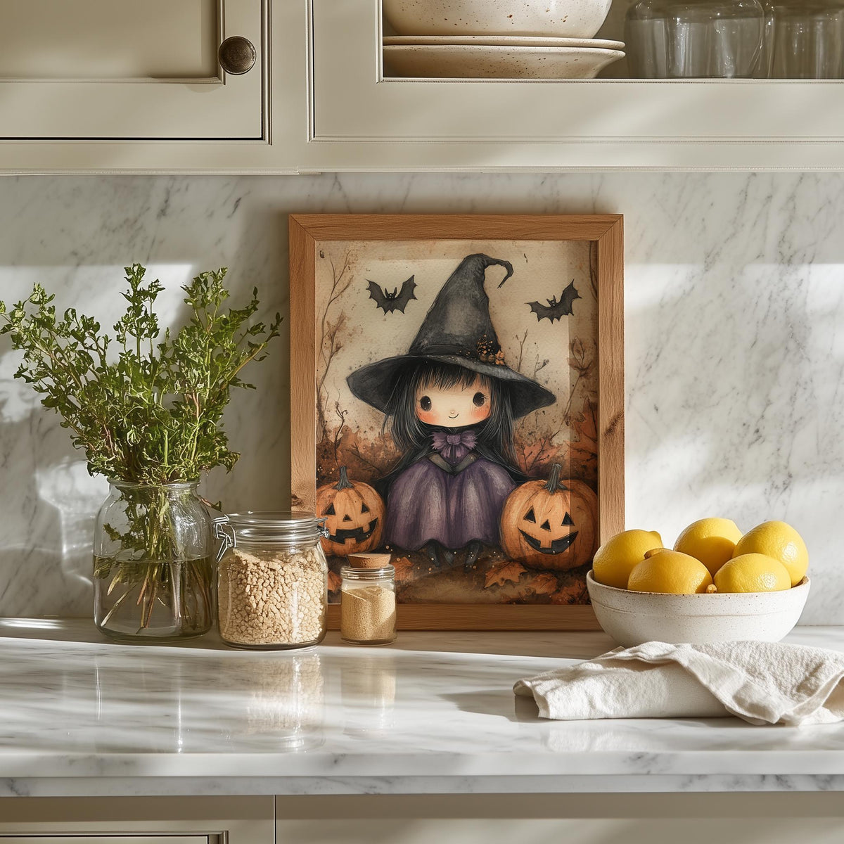 Little Witch Pumpkins Halloween art print shown in a room setting