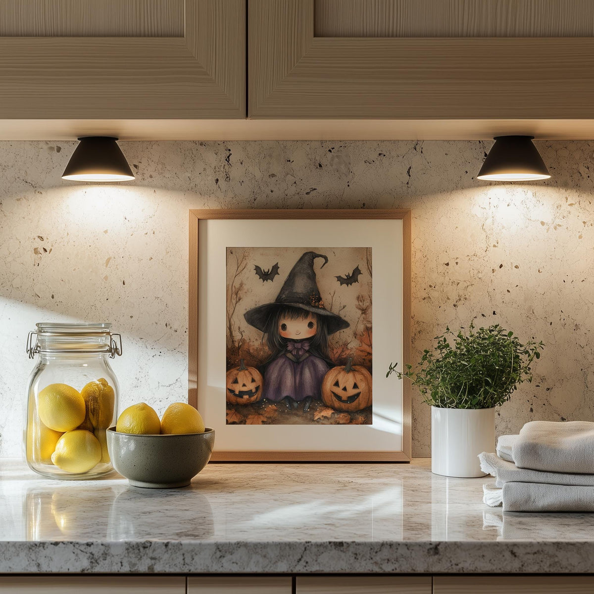 Little Witch Pumpkins Halloween art print shown in a room setting