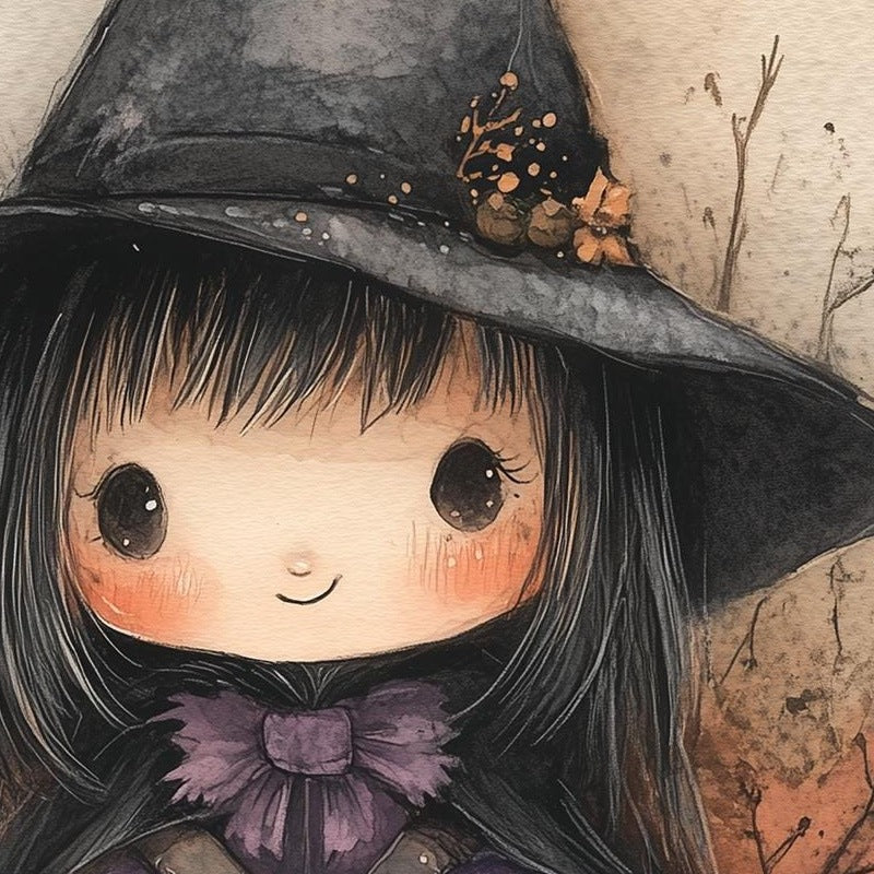 Little Witch Pumpkins Halloween art print close-up detail