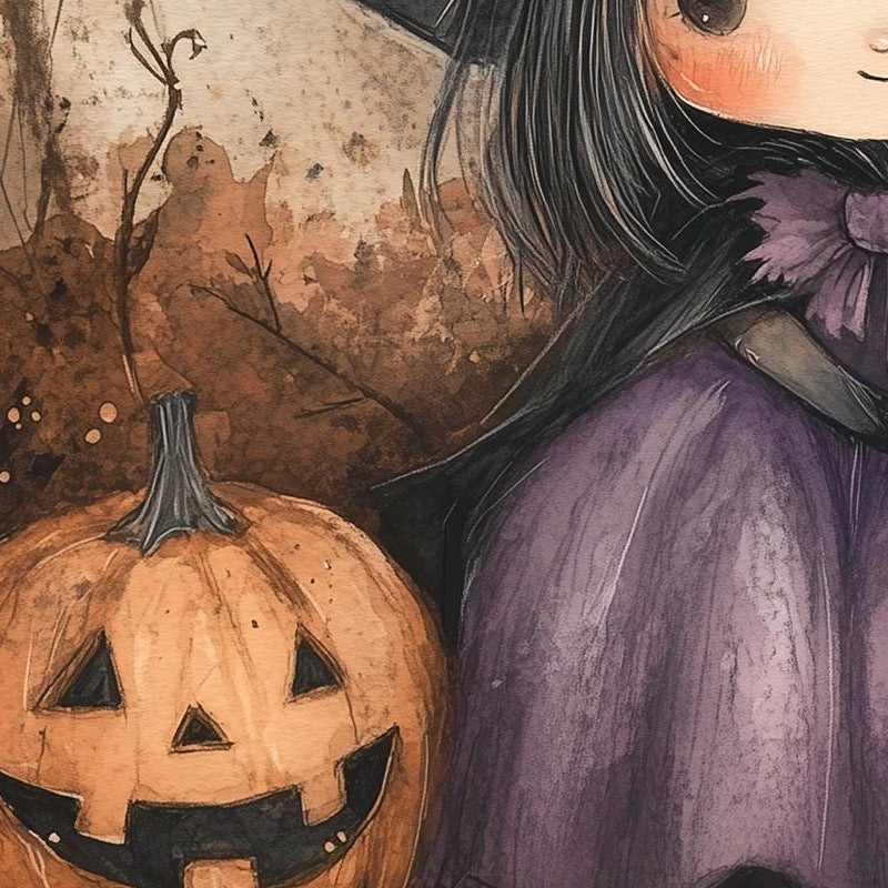 Little Witch Pumpkins Halloween art print close-up detail