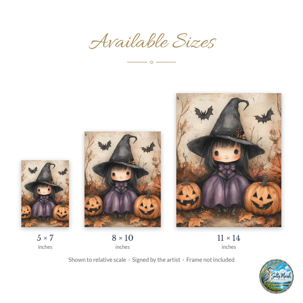 Little Witch Pumpkins art print size guide: 5x7, 8x10 and 11x14