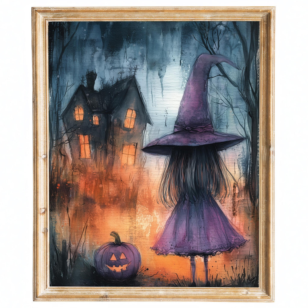 Purple Witch Girl Halloween art print framed