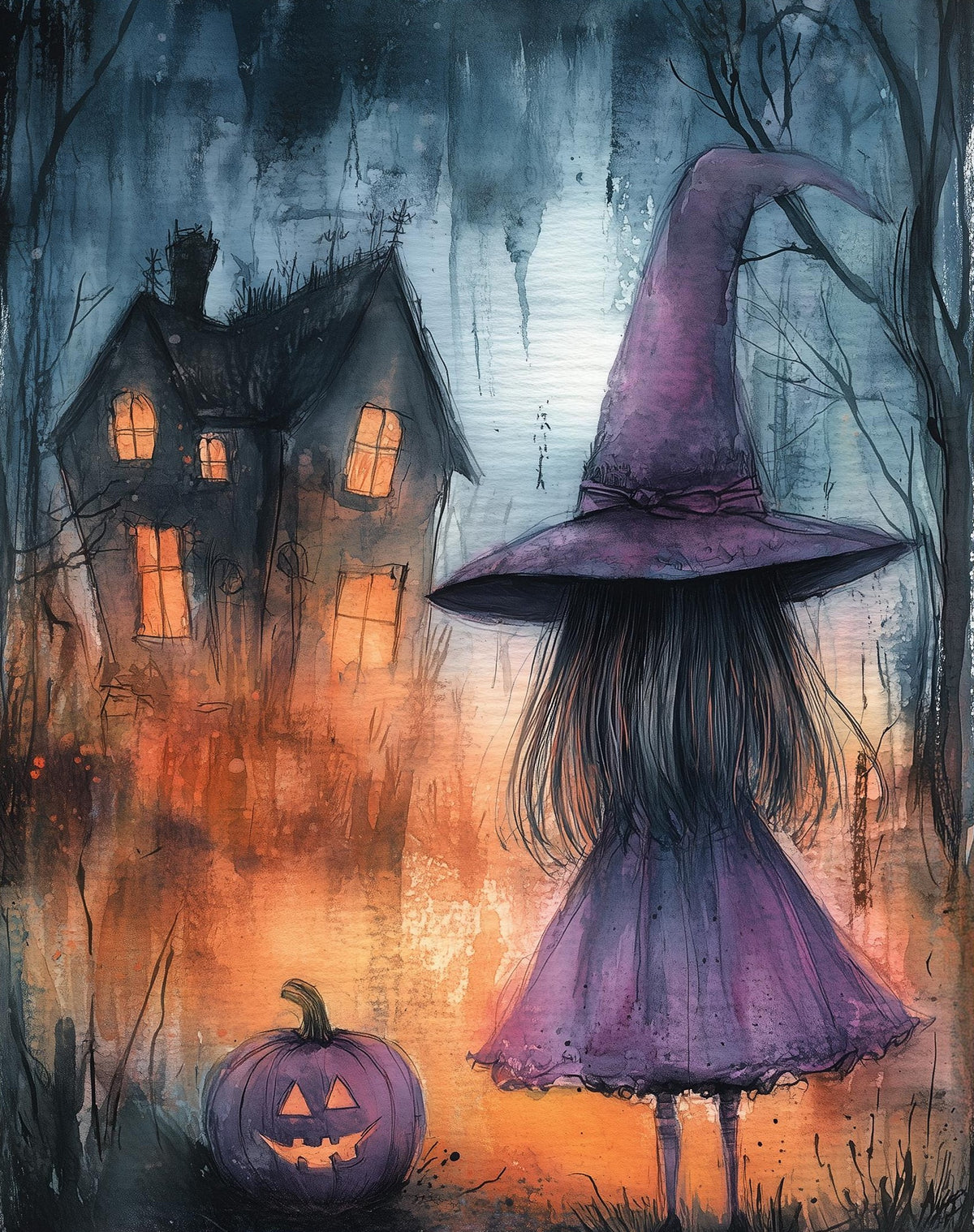 Purple Witch Girl Halloween art print unframed, signed by Pattie Overcash
