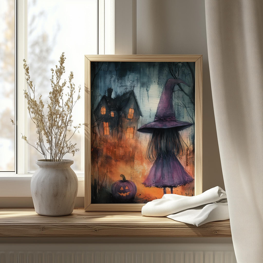 Purple Witch Girl Halloween art print shown in a room setting