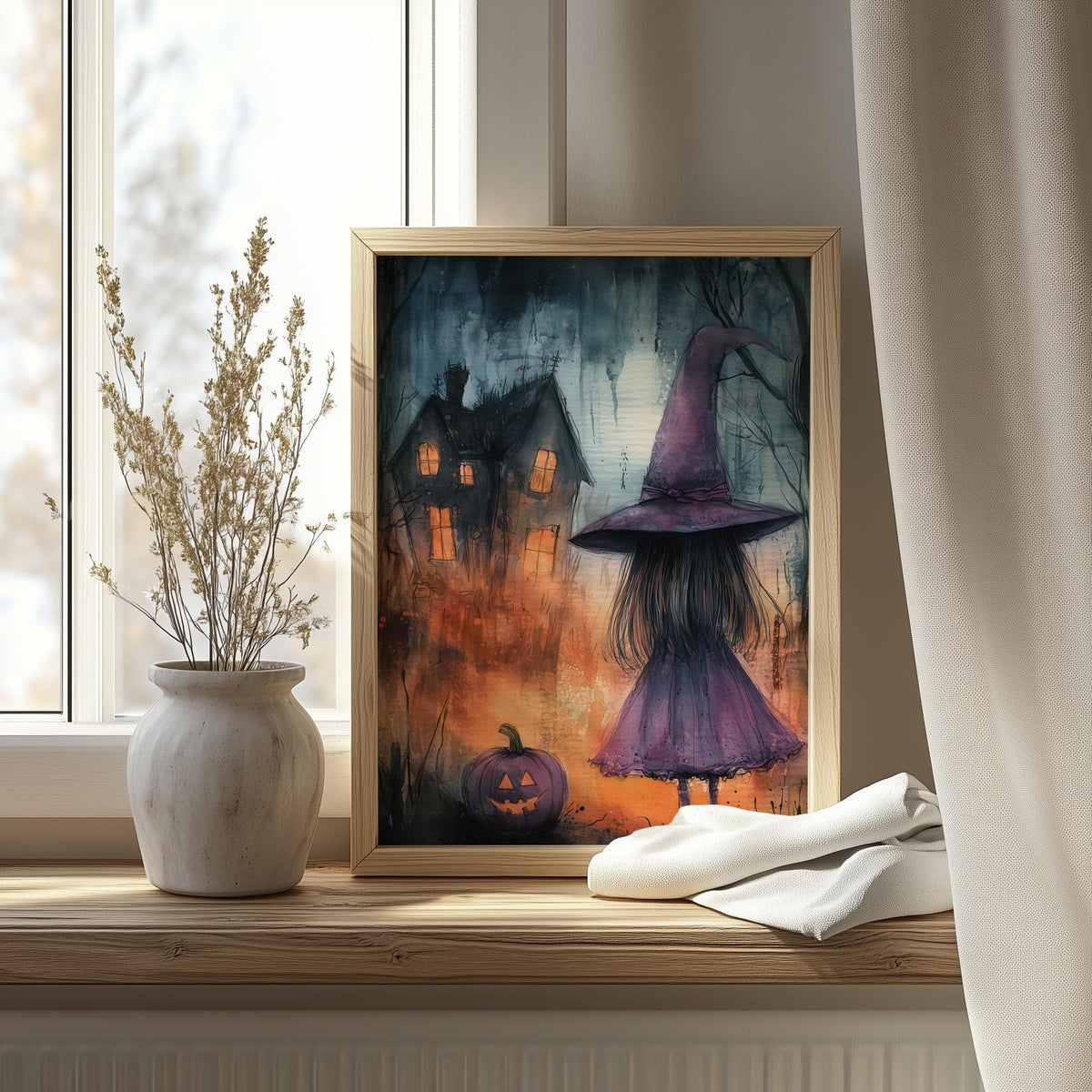 Purple Witch Girl Halloween art print shown in a room setting