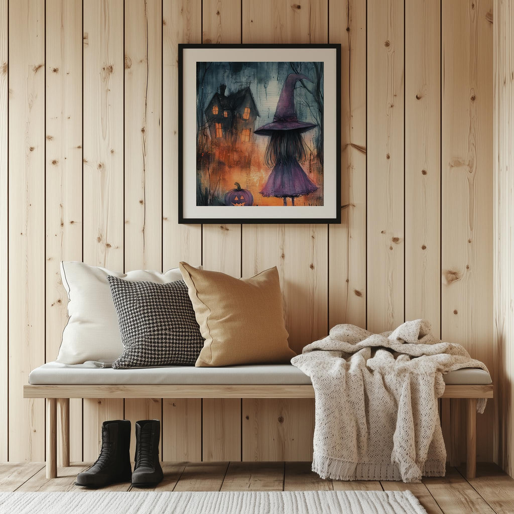 Purple Witch Girl Halloween art print shown in a room setting