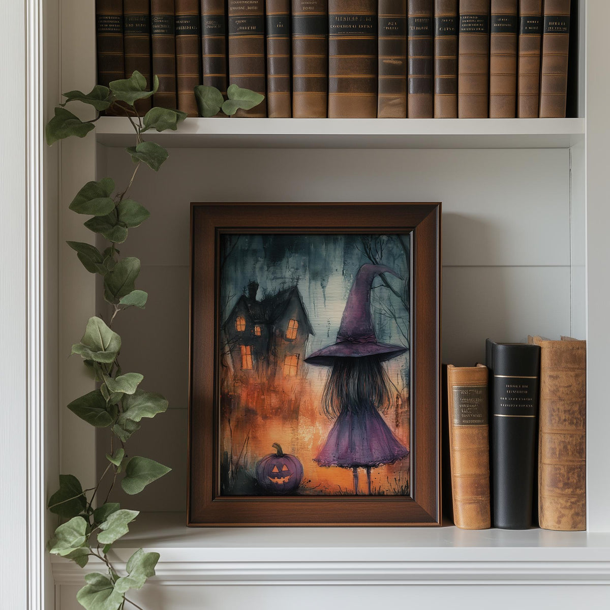 Purple Witch Girl Halloween art print shown in a room setting