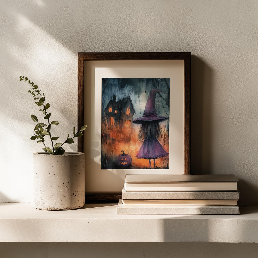 Purple Witch Girl Halloween art print shown in a room setting