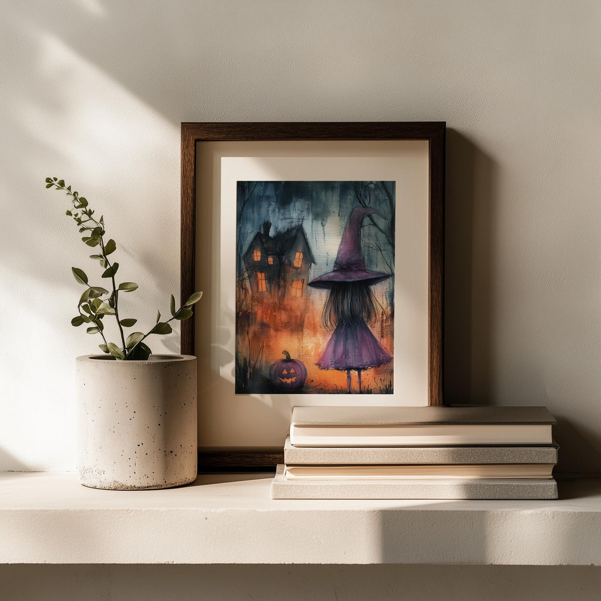 Purple Witch Girl Halloween art print shown in a room setting