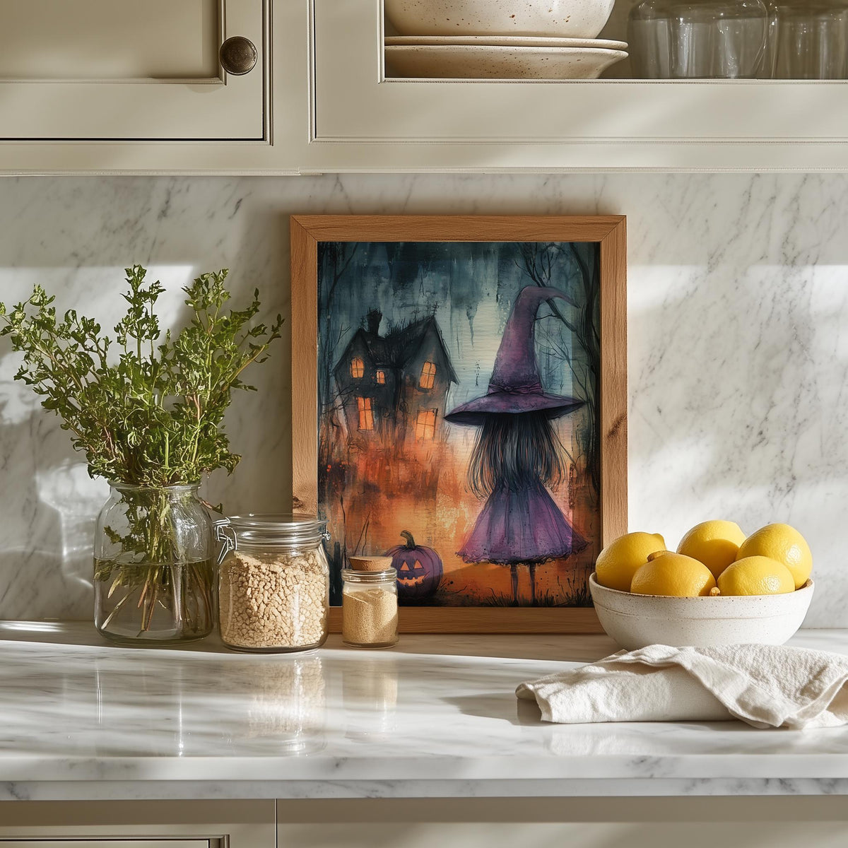 Purple Witch Girl Halloween art print shown in a room setting
