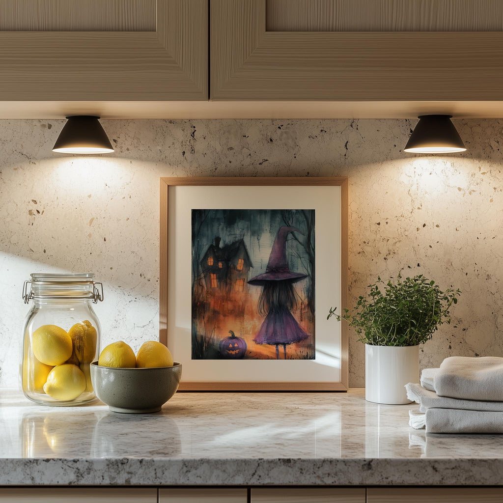 Purple Witch Girl Halloween art print shown in a room setting