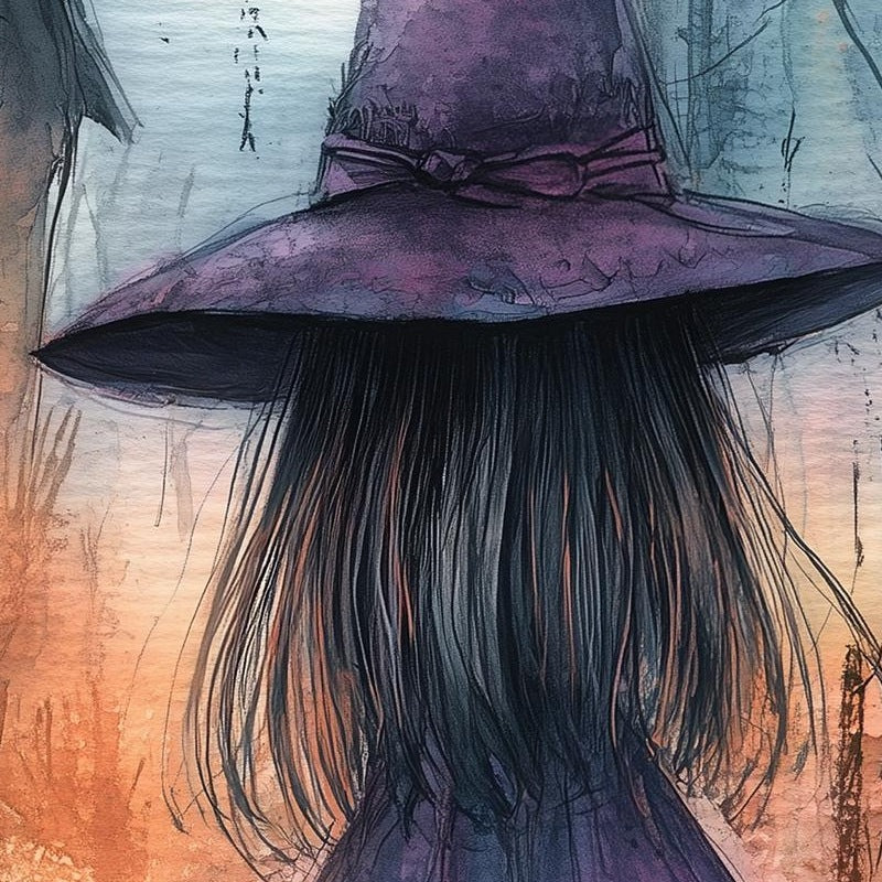 Purple Witch Girl Halloween art print close-up detail